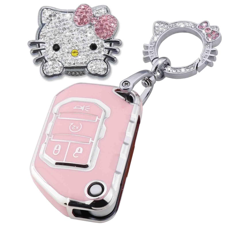 Pangpai Pink Car Accessories 3 Pcs for 2018-2022 Jeep Gladiator Wrangler Sahara Rubicon Key Fob Cover with Bling Keychain Cute Push to Start Button Cover - Image 1